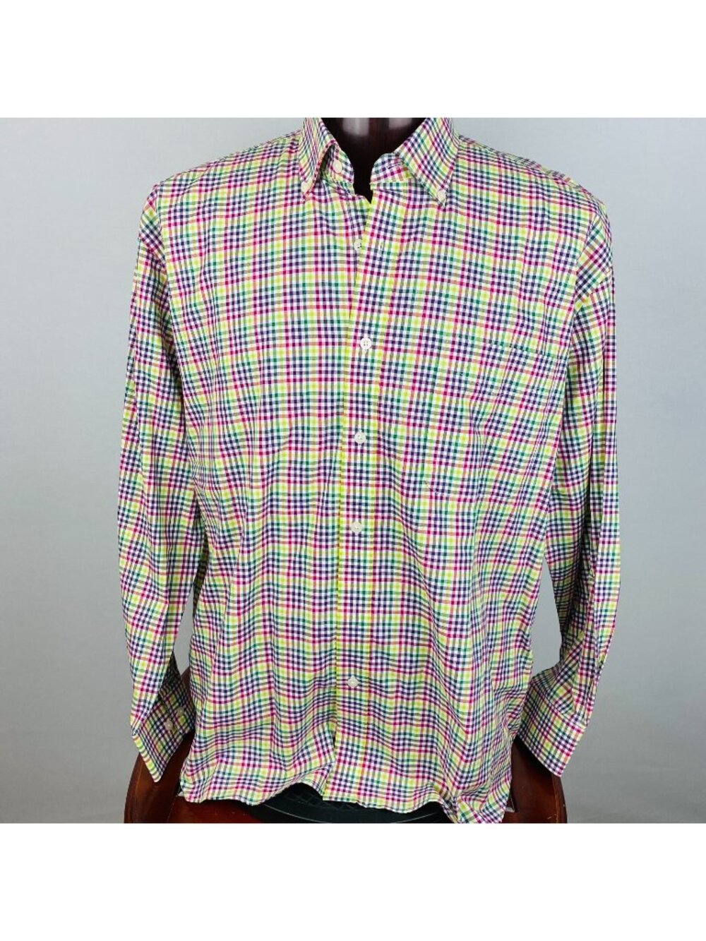 Alan Flusser Mens XL Cotton Colorful Multicolor Check Print Long Sleeve Shirt